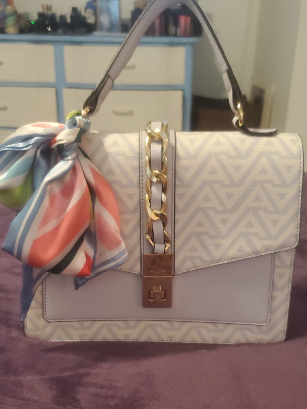 Aldo Lavender-Patterned Top Handle Satchel with Scarf Accent